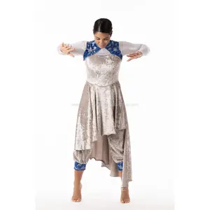 “AUTHORITY” Velvet Praise Unitard with Asymmetrical Overlay Skirt – Grey & Royal Blue Lace