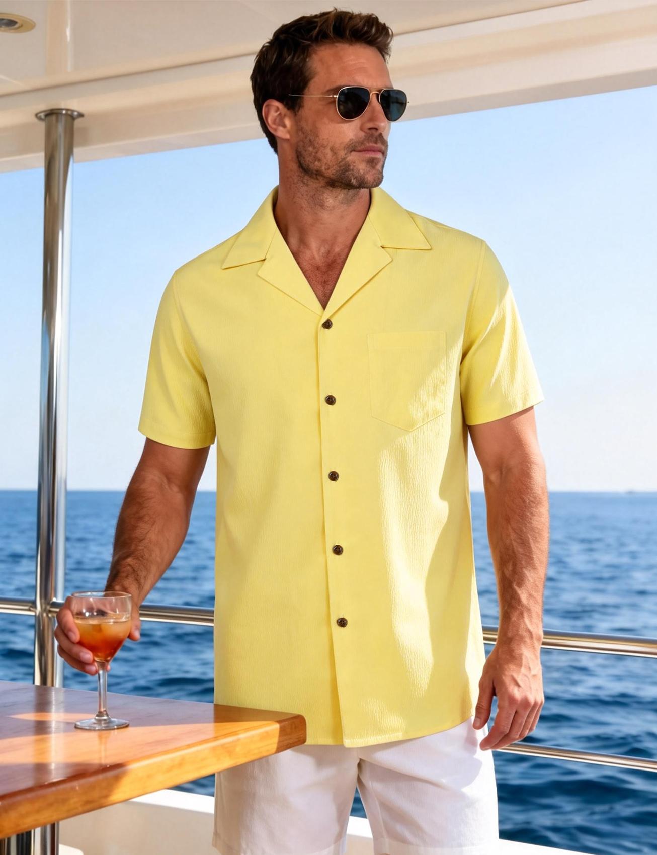 JEMITOP Men's Casual Menswear Cuban Collar Shirt with Pocket, Plain Stretch Button Down, Light, Soft, Breathable for Summer Vacation, Short Sleeves, Pocket Detail, Button Up, Wedding, Chic, Work, Buttoned