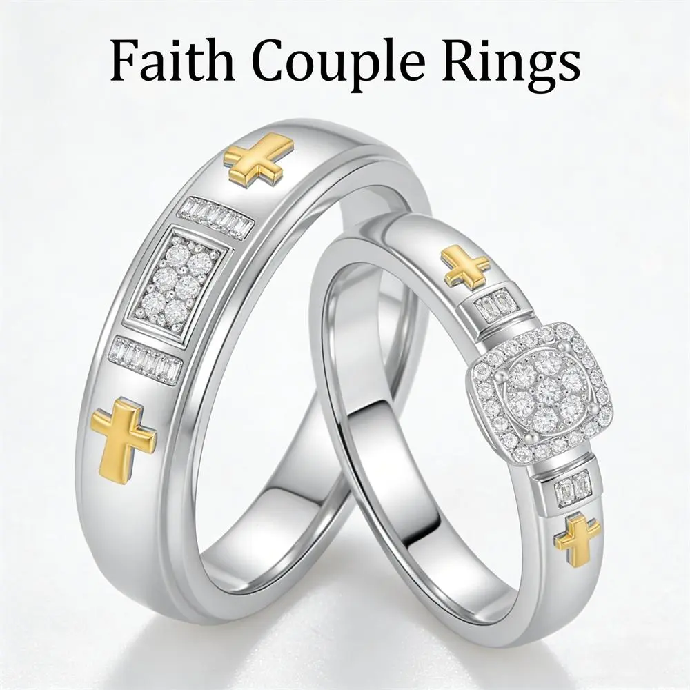 Two-Tone Faith Cross Couple Rings for Men & Women, Shiny Cubic Zirconia Inlaid Zinc Alloy Wedding Promise Bands, Matching Ring Set for Engagement, Romantic Valentine's Day Anniversary Wedding Gift for Couples Fiance Fiancee Bridal Groom Newlyweds