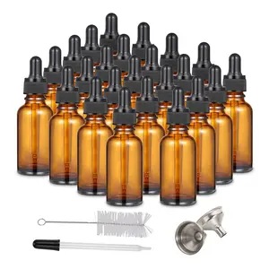 24 Pack 1oz Amber Glass Eye Dropper Bottle with 1pcs Stainless Steel Funnels and Long Glass Dropper and Cleaning Brush-30ml Leakproof Travel Bottles