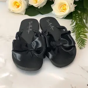 Black Satin Bow Flip Flops on Flat Heel , Bridal Bridesmaid Sandals, Destination Beach, Summer Pool Kids