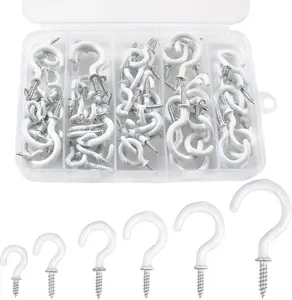 90 Pcs White/Black/Brown Ceiling Hooks kit, 6 Sizes Vinyl Coated Screw-in Plant, Kitchen, Cup, Ceiling Hooks for Hanging (1/2in, 5/8in,3/4in,7/8in,1'',1-1/4in)