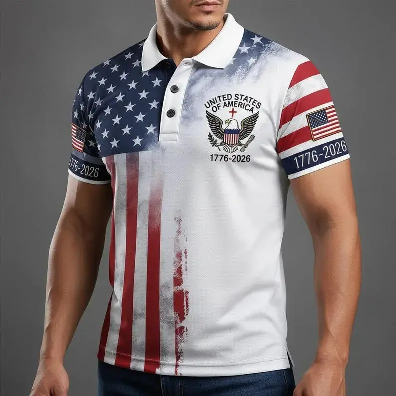 250TH Years Flag Polo Shirt, USA 1776–2026 Patriotic Eagle Polo, American Flag Golf Shirt for Men