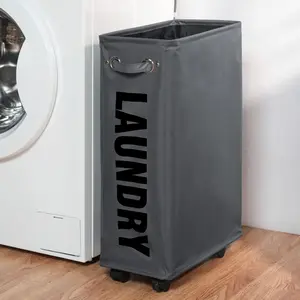 25-Inch Slim Laundry Basket on Wheels – Collapsible Rolling Hamper, Foldable Narrow Clothes Storage Bin for Small Spaces (Dark Grey)