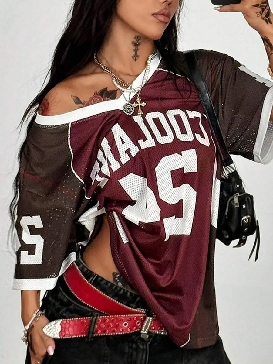 LUNA LAYER Womens Burgundy V Neck Baseball Jersey T Shirt Drop Shoulder Loose Fit Streetwear