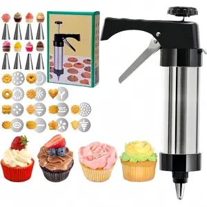 ONESHOWHOME Stainless Steel Cookie Press Gun Kit with 8 Piping Tips & 13 Discs for DIY Biscuit Decoration Utensils Detachable Reusable Black