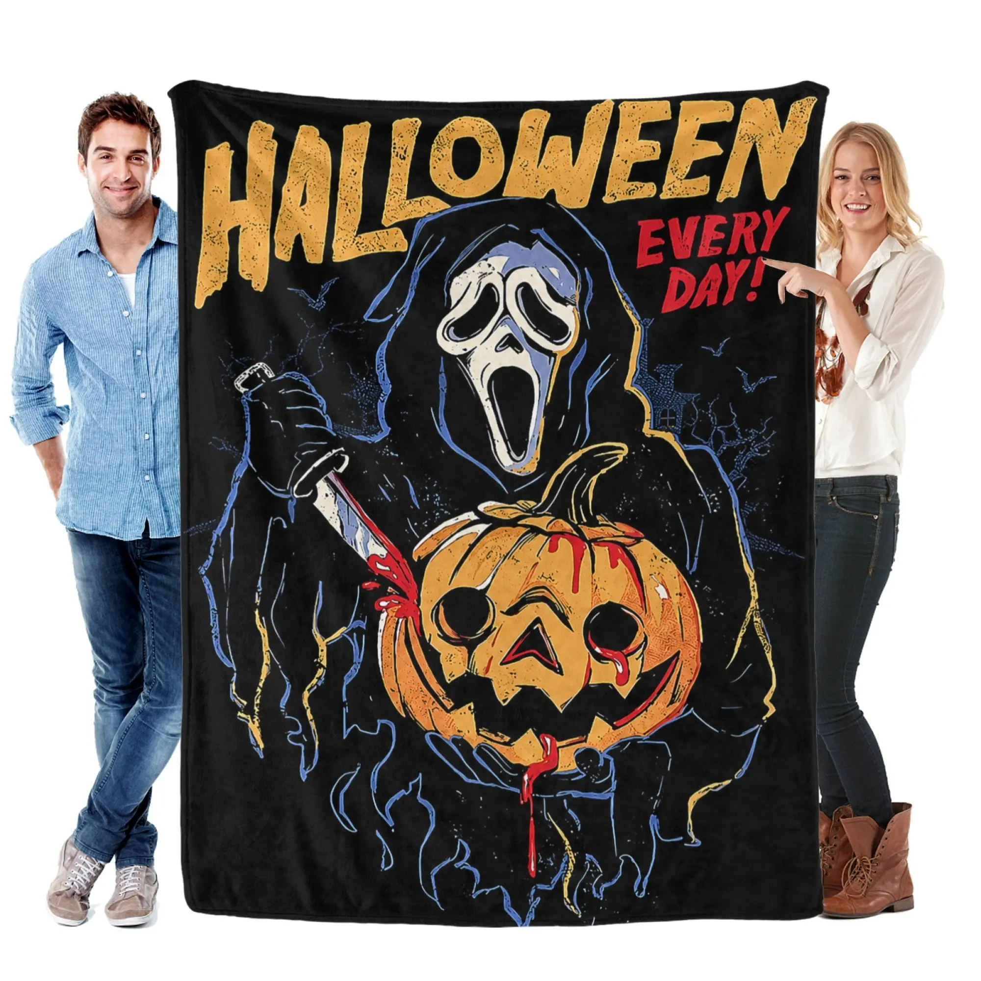 Vintage Ghostface Halloween Pumpkin Blood Horror Flannel Throw Blanket, Soft Fuzzy Plush Blanket for Sofa Bed Man Cave, All Season Cozy Warm, Spooky Fall Gift for Horror Movie Lovers, Retro Slasher Gothic Style Bedroom Living Room Halloween Home Decor