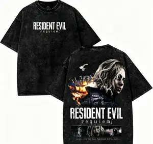 Resident Evil Requiem Vintage Washed Horror Gaming Graphic Printed T‑Shirt Retro Acid Snow Wash Oversized Heavyweight Cotton Short Sleeve Top Hip Hop Streetwear Trendy Casual Daily Wear Unisex Fashion Accessories Tee For Men Women Gamer Fan Gift