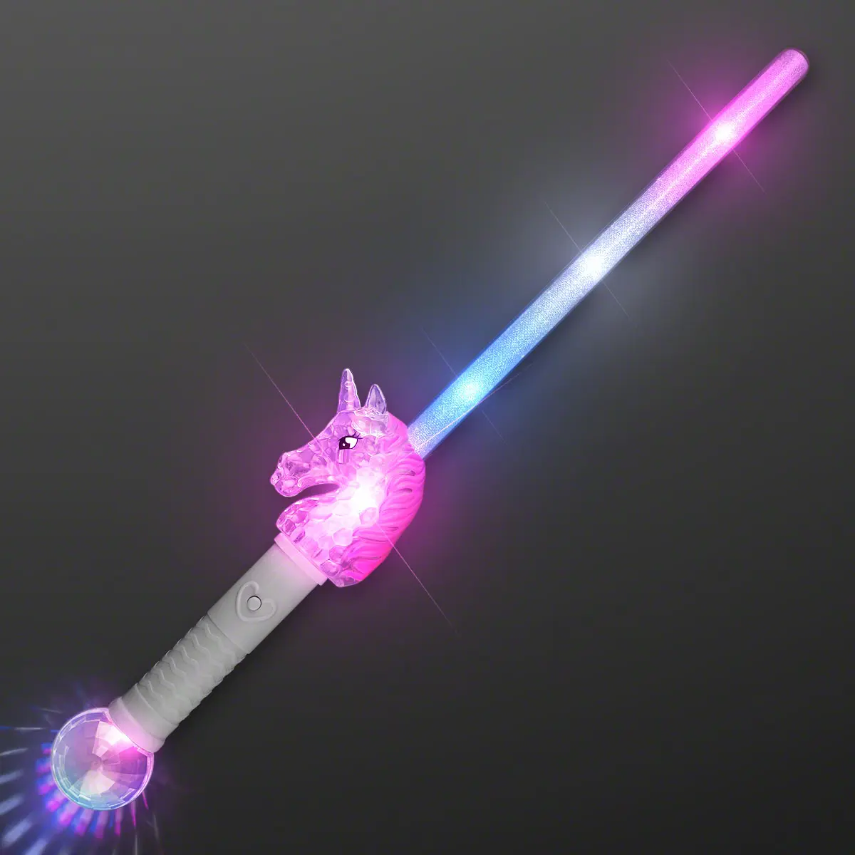 FlashingBlinkyLights Unicorn Light Stick Light Up Wand Magic Wand for Girls 18.5" Long with Frosted Blade Clear Multi-Faceted Unicorn Head Illuminating Sphere Blue White Pink LED Lights Perfect for Birthdays Halloween Festivals
