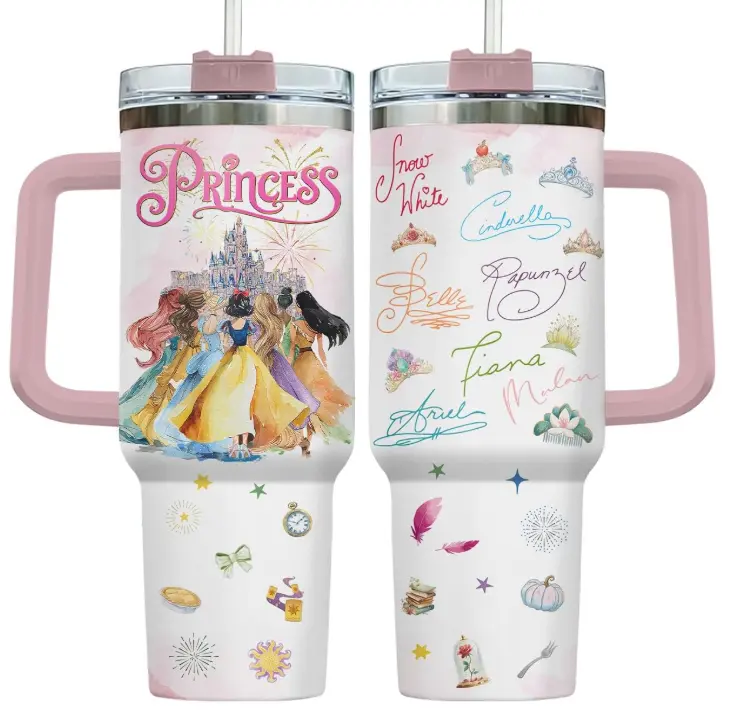 [Gift Box & Straw] 40oz Magical Princess Fairytale Style Stainless Steel Thermal Double-Wall Flask, Portable Insulated Travel Coffee Mug with Handle, Castle Graphic, Birthday Gift for Women & Fairytale Fans