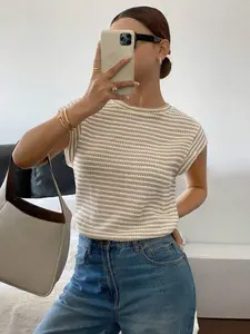 Simple Striped Texture Knit Sweater, Flying Sleeve Round Neck Casual Fit Short Top, Daily Commute Essential, Versatile Leisure Wear, Knitwear, Everyday, Womenswear, Striped Accent Pullover