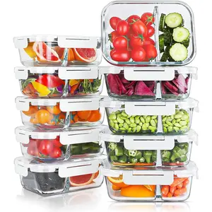 10 Packs 30oz Glass Meal Prep Containers 2 Compartments,Glass  Storage Containers with ,Airtight Lunch Bento Boxes,Oven,Freezer and Dishwasher Safe, White