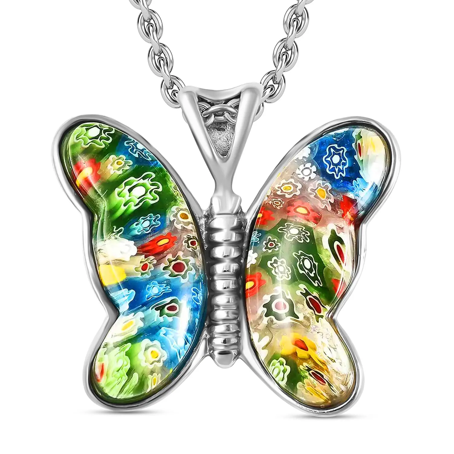 Multi Color Murano Style Butterfly Necklace in Stainless Steel 24 Inches