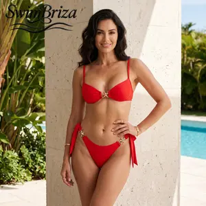 Briza｜Women's Push Up Bikini Two-Piece Swimsuit Solid Red Tie-Side Cheeky Brazilian Bathing Suit with Gold Hardware, Vacation Beachwear, Resort Swimwear, Fancy Summer Pool Swimsuit, Women's Swimwear, Bathing Suit for Women, Bikini Set