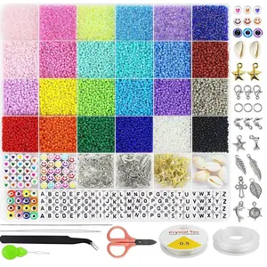 Clay Beads Kit with Assorted Colors Alphabet Charms Scissors and Crystal Thread for DIY Jewelry Making
