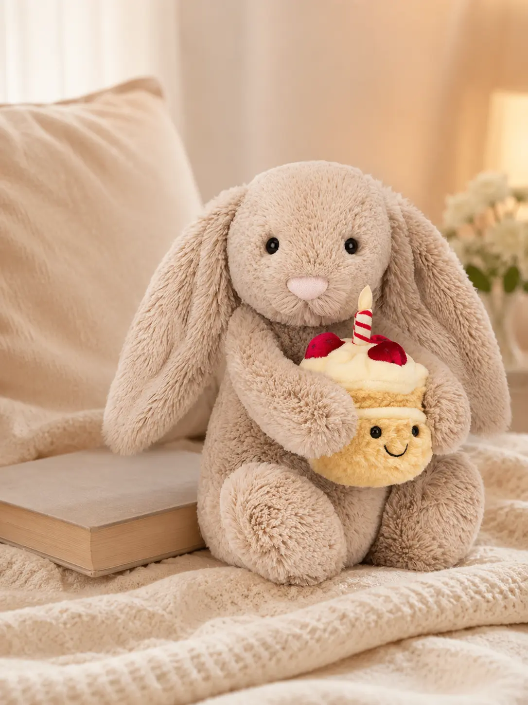 Jellycat Bashful Bunny with Birthday Cake Plush – Soft Luxury Stuffed Bunny, Cute Gift for Girls, Baby Shower & Nursery Decor