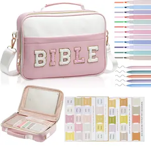 Bible Cover Case for Women, Large Chenille Letter Leather Bible Case with Bible Study Accessories, Bible Study Supplies Bible Journaling Kit, Christmas Christian Gift for Women Girls (Pink)
