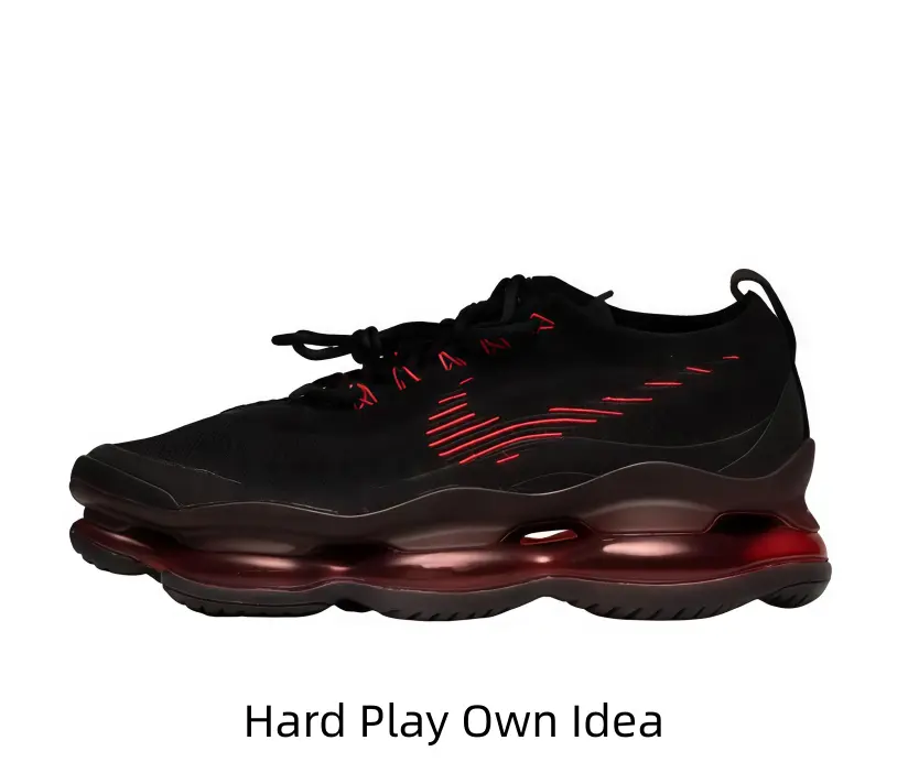 Trendy low-top running sneakers with breathable black knit upper and red stripe details. Glossy burgundy wavy air cushion sole brings comfort for daily streetwear matching.