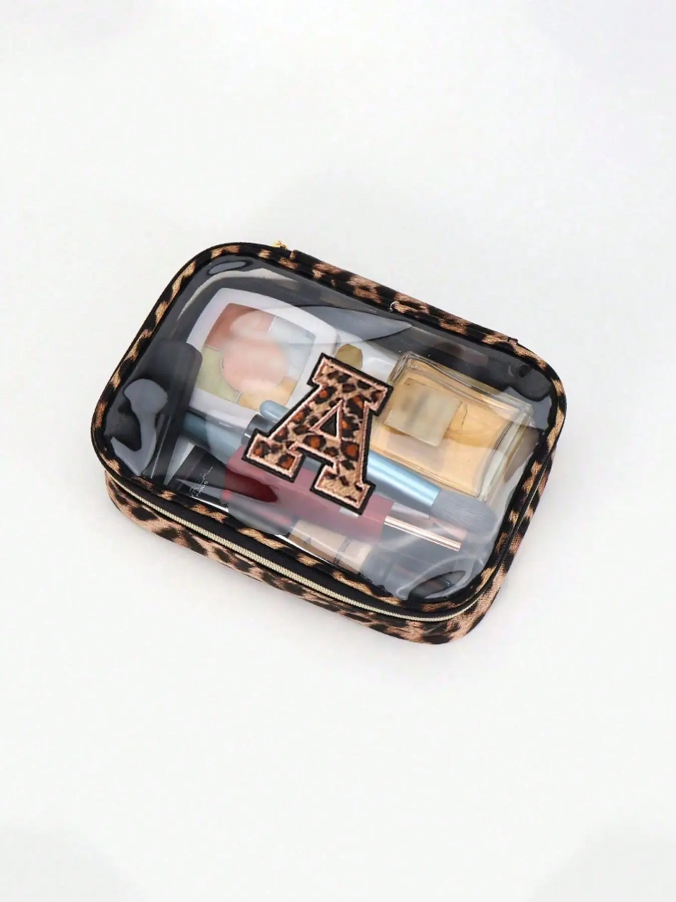 Transparent PVC Leopard Print Portable Storage Bag, Large Capacity Cosmetic Organizer, Waterproof with Zipper, Makeup Bag, Cosmetic Travel Bags, Letter A-Z Embroidery