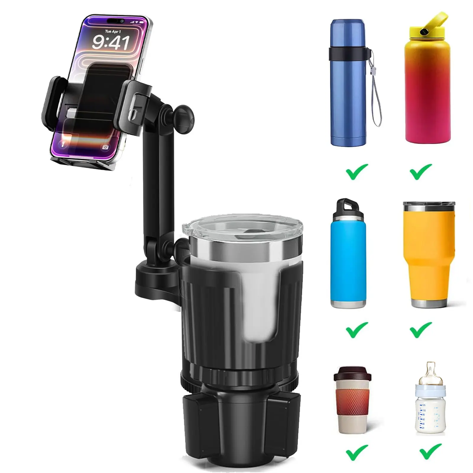 Multifunctional car organizer,Cup Holder Expander for Car,Universal Adjustable Gooseneck Cup Holder Cradle Car Mount for for iPhone & Samsung Smartphones,Huawei,LG, Sony, Nokia,Fit for Yeti, Hydro Flask, Nalgene, Stanley, Owala Tumblers
