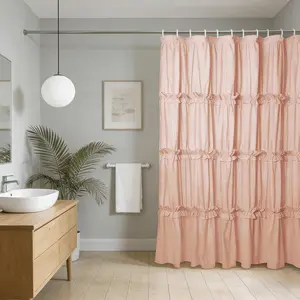 Ruffled Fringe Shower Curtain Set, 72x72 Inch Polyester Fiber, Artistic Patchwork Design, Eyelet Holes for Easy Hanging