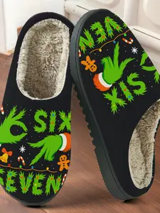 Funny Christmas Style Number Pattern Fall & Winter Comfortable Soft Warm Non-Slip Rubber Indoor Cotton Slippers for Adults