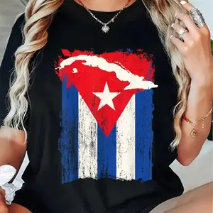 100% Cotton Cuba Flag Cuban Heritage Month Country Map Island Graphic T-Shirt