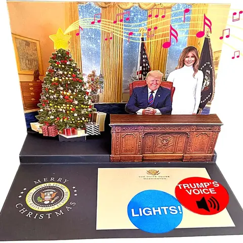 Spectacular Talking Donald Pop Up Christmas Card with 3D Winter Landscape, Christmas Tree, Light-Sound Features, Presidential Style Festive Music, Real Trump Festive Greeting - Office Stationery Political Gag Gift