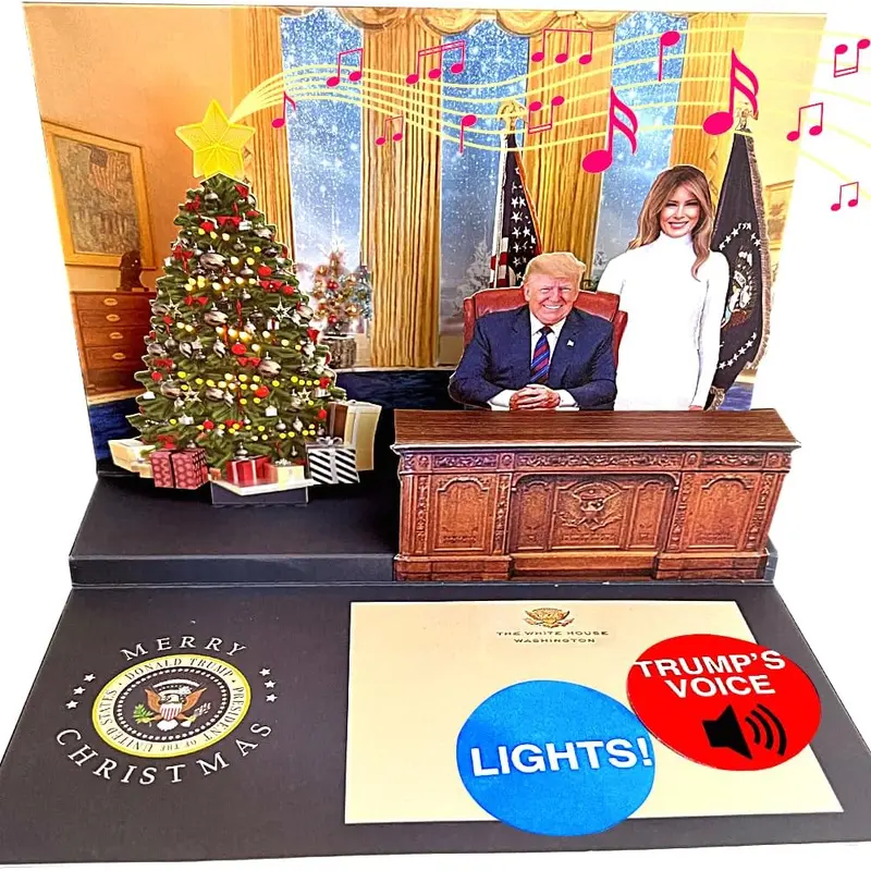 Spectacular Talking Donald Pop Up Christmas Card with 3D Winter Landscape, Christmas Tree, Light-Sound Features, Presidential Style Festive Music, Real Trump Festive Greeting - Office Stationery Political Gag Gift