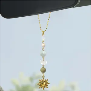 Sun   Charm, Rear View Mirror Cute Boho Dangling Sun  Decor  Ornament,     Stones Sun Catcher Mirror Pendant for Women Men (Green)