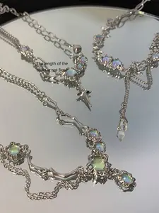 Kpop Fashion Star Necklace Set, Y2K Style Artificial Cubic Zirconia Cross Pendant, Vintage Collarbone Chain, Ramadan Gift, fashionable jewelry accessories