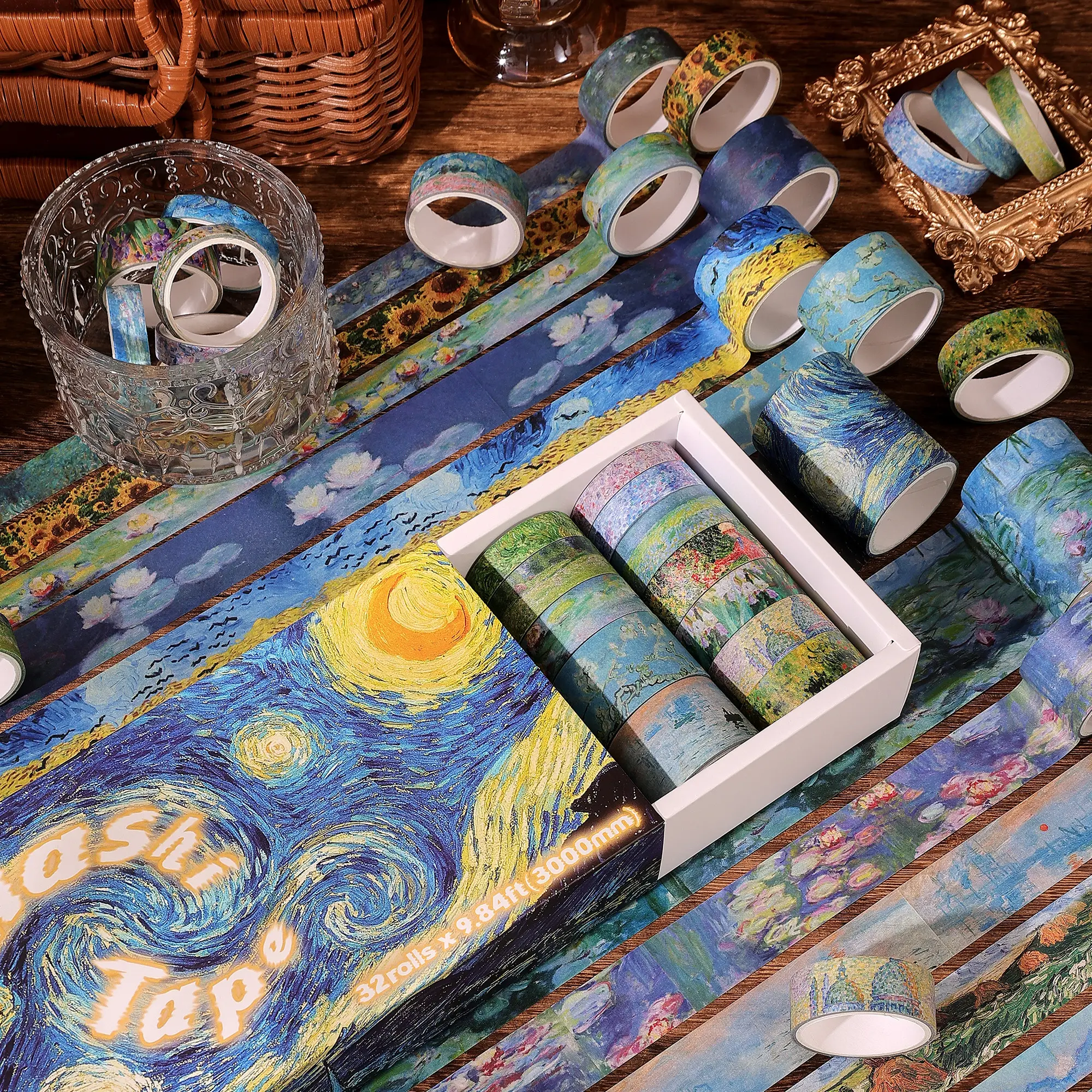 32 Rolls Washi Tape Set Colored Van Gogh Patterns Decorative Masking Tape Vintage Artists Tapes for Journaling Junk Journal DIY Craft Projects Scrapbooking Supplies Decor