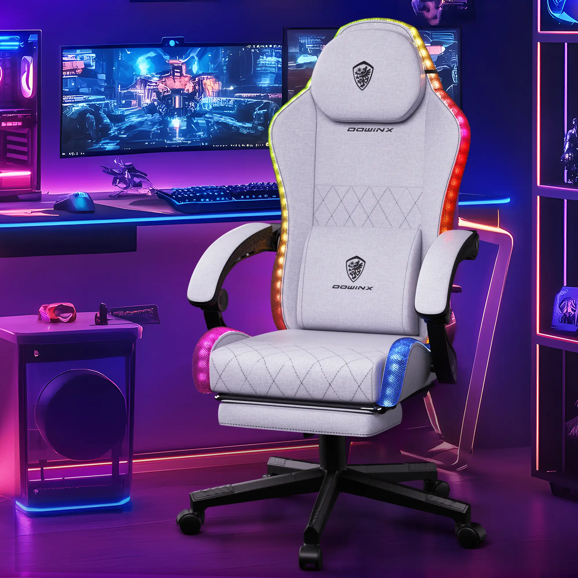 Dowinx Gaming Chair with RGB Lighting, Ergonomic Gaming Chair with Footrest and Massage Lumbar Support, Fabric Gaming Chair