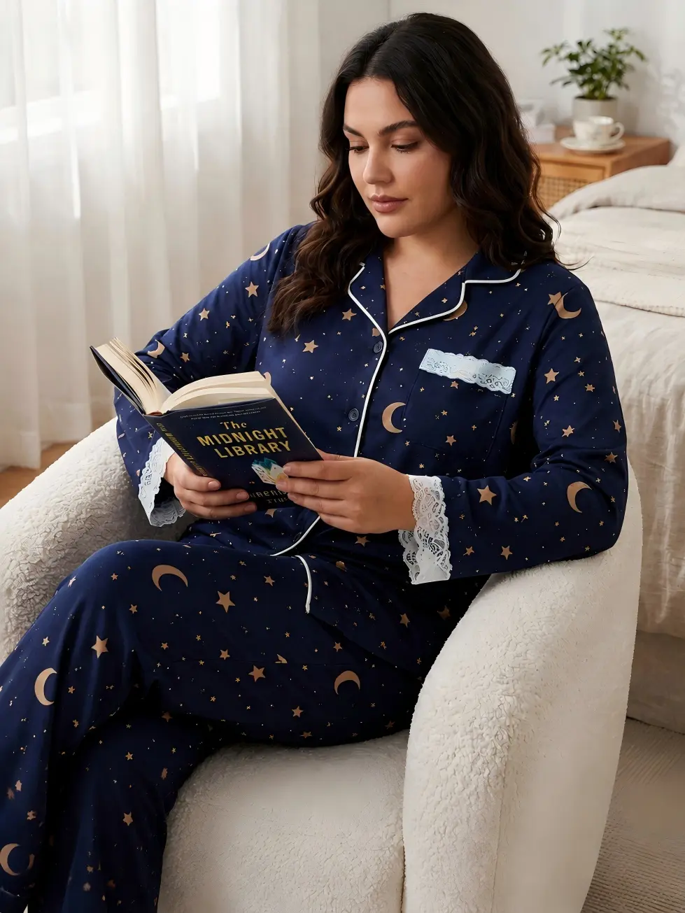 Two-piece Set Plus Size Women's Starry Sky Lace Print Button Front Pocket Shirt & Elastic Waist Pants Pyjama, Christmas Casual Comfy Long Sleeve Collared Top & Trousers Pajama Set,Women's Sleepwear for Spring & Fall,Casual Home Loungewear Fabric Cute Chic