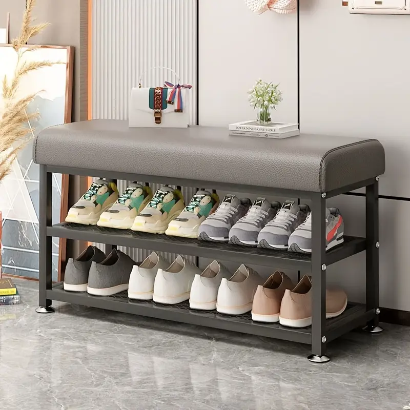 Modern Simple Shoe Changing Bench with Storage, Easy Assembly Metal Frame Space-Saving Entryway Organizer Bench, Multifunctional Practical Household Furniture, Ideal for Corridor