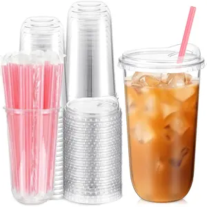 50 Sets Clear Plastic Cups with Heart Shaped Pink Straws and Strawless Lids Disposable Round Bottom Cups for Iced Coffee Cold Beverage Party Wedding Bridal Shower (Clear,20 oz)