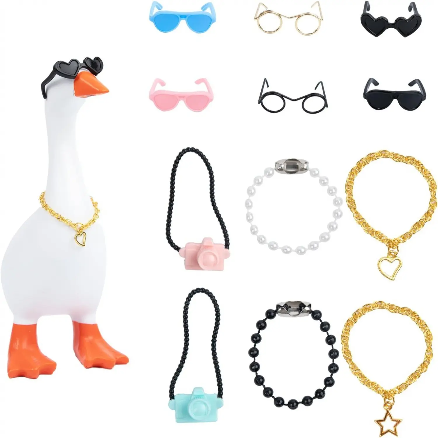12 Piece Desktop Duck Costume Set, Mini Chain Collar & Fashion Glasses, Humorous Decor for Magnetic Duck Statues, Office Fun Gift Idea