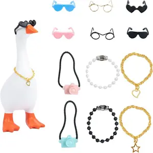 12-Piece Miniature Goose Set, Magnetic Chain Necklace & Fashion Glasses, Humorous Desk Decor Accessories, Office Gag Gift