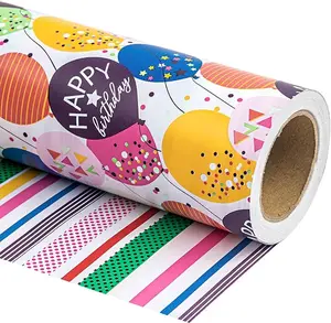 Reversible Birthday Wrapping Paper - Mini Roll - 17 Inch X 33 Feet - Colorful Balloon with Confetti Design for Birthday, Holiday, Party