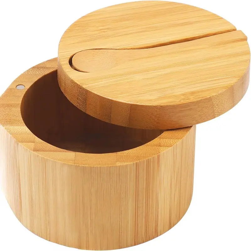 happy-Bamboo Salt Cellar with Mini Spoon, Kitchen Salt Box with Swivel Magnetic Closure Lid, Round Salt Container to Storage Pepper Spice Bath Salt Sea Salt, Spices Containers, Salt Holder