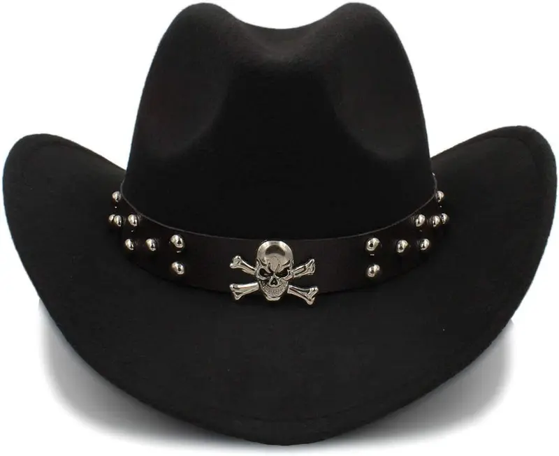 Skull Cowboy, Cowgirl Hat, Skull Strap, Men Women Retro Wide Brim, Western