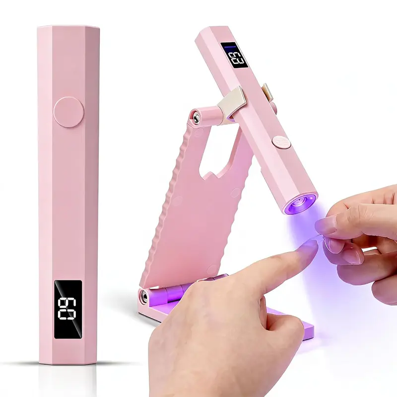 HandHeld UV Nail Lamp with Stand Foldable Pink Flash Cure Lamp 60°Adjustable Rotation Portable 20/60s Timer Modes for Salon & Home DIY & Travel Use