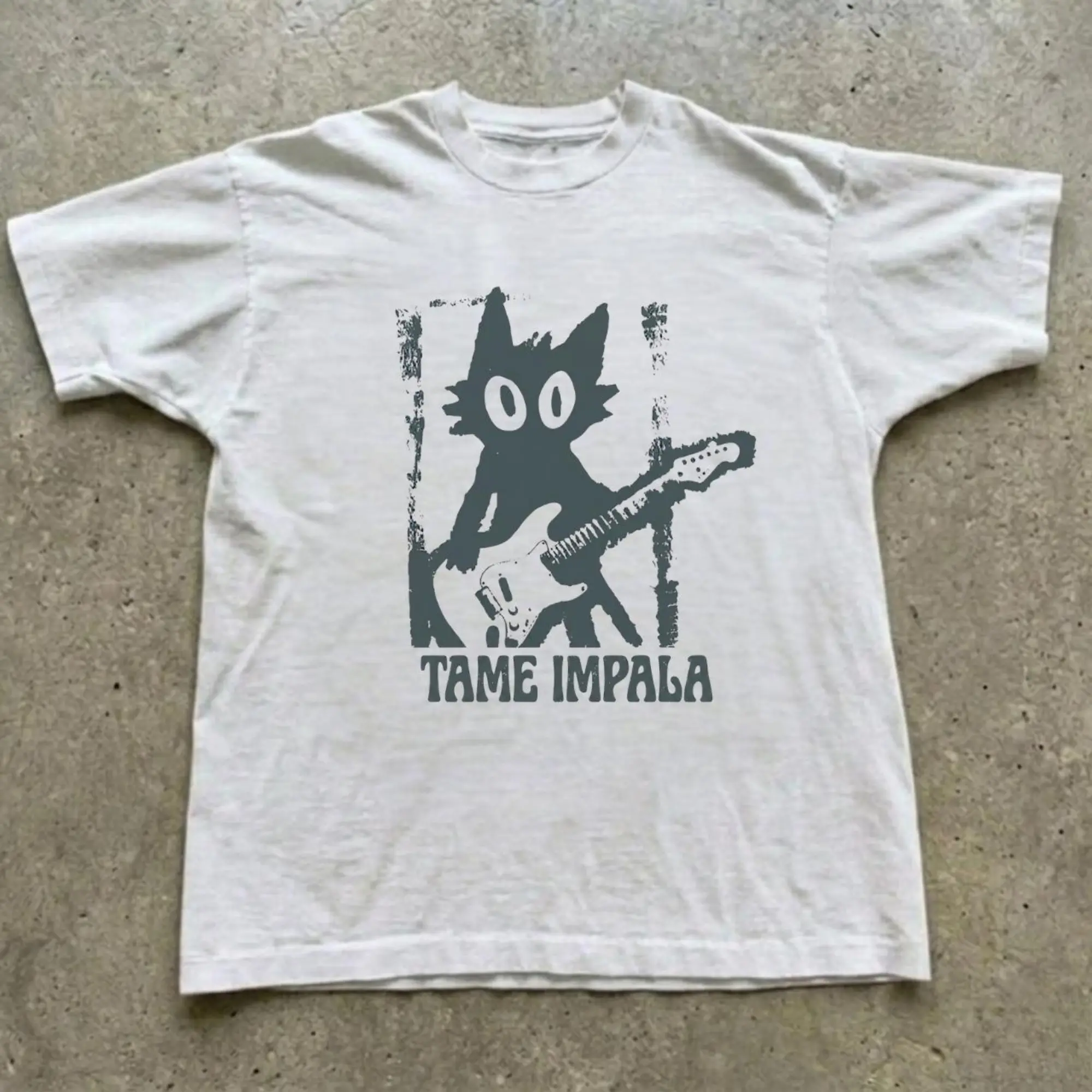 Gildan Men's And Women's T-Shirt, Tame Impala Cat Playing Guitar T-Shirt, Psychedelic Rock Band Fan Shirt, Animal T-Shirt, Unisex Vintage Graphic Tees Gothic Grunge Y2k Emo Scene Amity Affliction Style Clothes Men Women Streetwear Summer