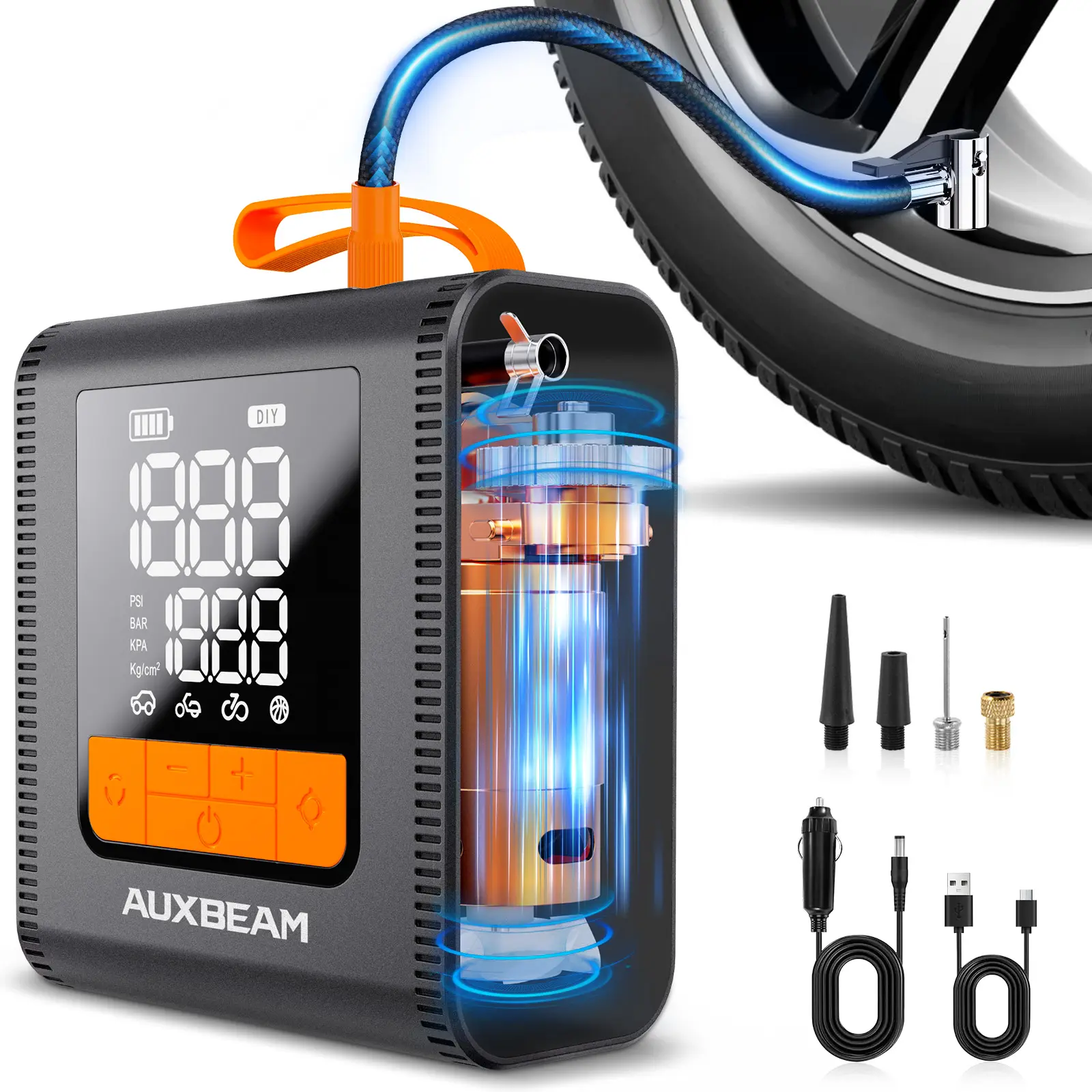 AUXBEAM Cordless Tire Pump Wireless Tire Inflator - 150 PSI, Built-in Lithium Battery, Dual Power Supply, Digital Display, LED Light, Multi-Nozzle, Fast Inflation, 4 Preset Modes, Real-Time Monitoring for Car, Bike, Outdoor Use