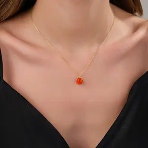 Natural Carnelian Round Pendant Necklace  Minimal Everyday Jewelry | Gold or Silver Finish | 16” + 2” Extender | Simple Elegant Layering Necklace | Handmade Look | Perfect Gift for Her | Timeless & Modern Design