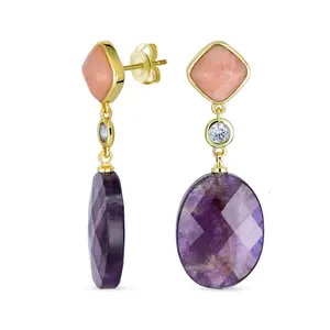Dusty Rose Crystal Accent Briolette Purple Amethyst Faceted Oval Dangle Earrings 14K Gold Plated
