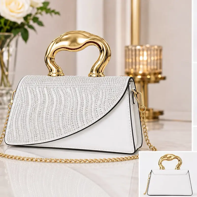 White Croc-Textured Crossbody Handbag with Gold Handle