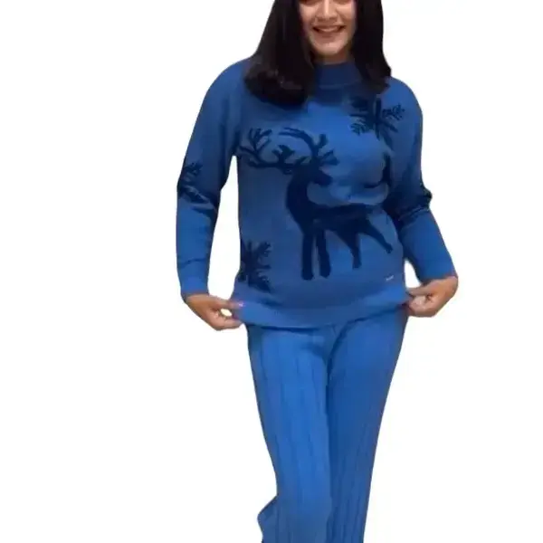 Women's Wool 2Piece Set - Free Size Top & Pants, Comfortable Winter Wear, Medium to X-Large Fit, Blue Design - Nightwear, Fabric, Pajama, Womenswear
