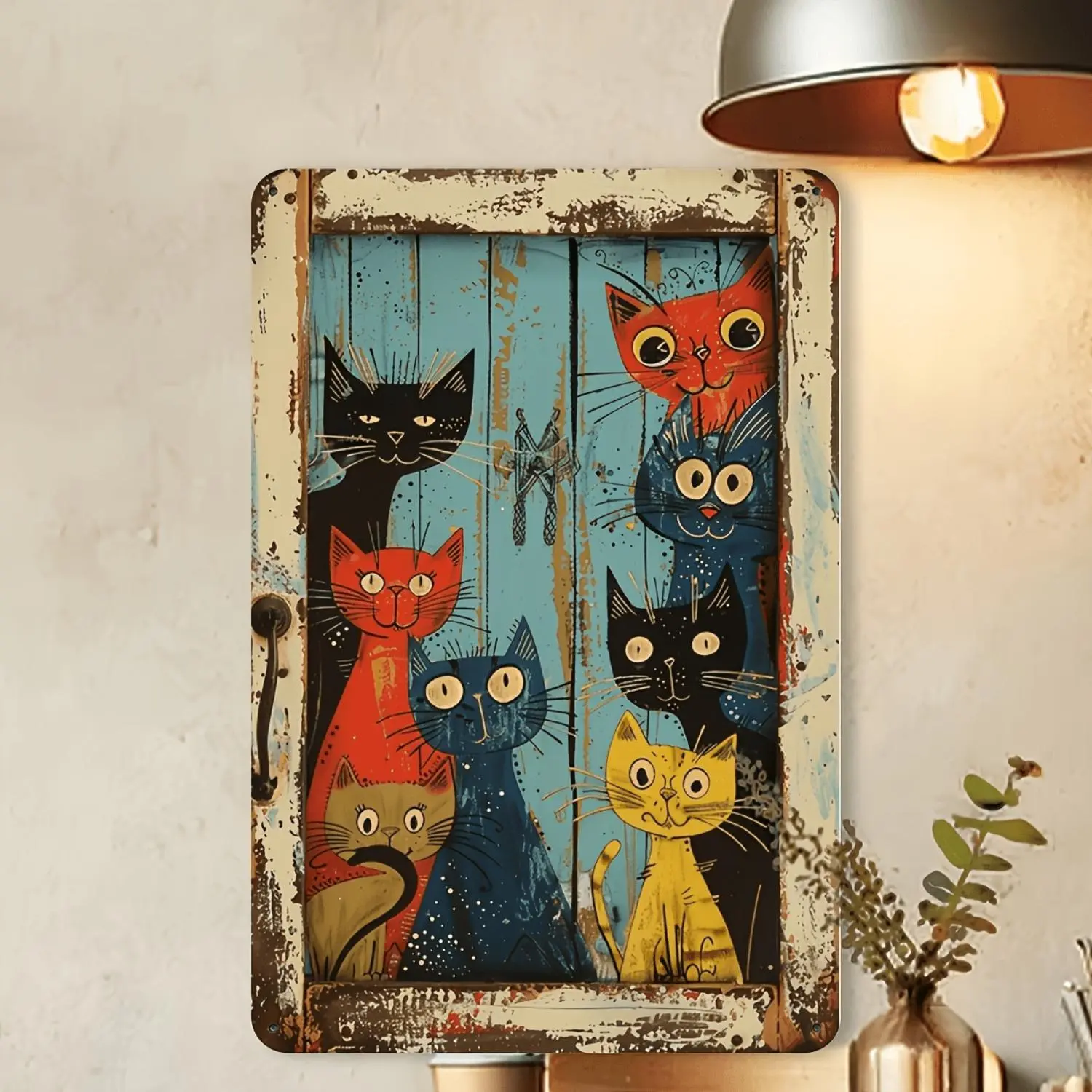 warning,funny,private,solicit,decorative,Whimsical Cat Peeking Vintage Wooden Sign Featuring Vibrant Cartoon Cats Perfect for Country Wall Art Home Bar Tavern or Outdoor Decor, One-Piece