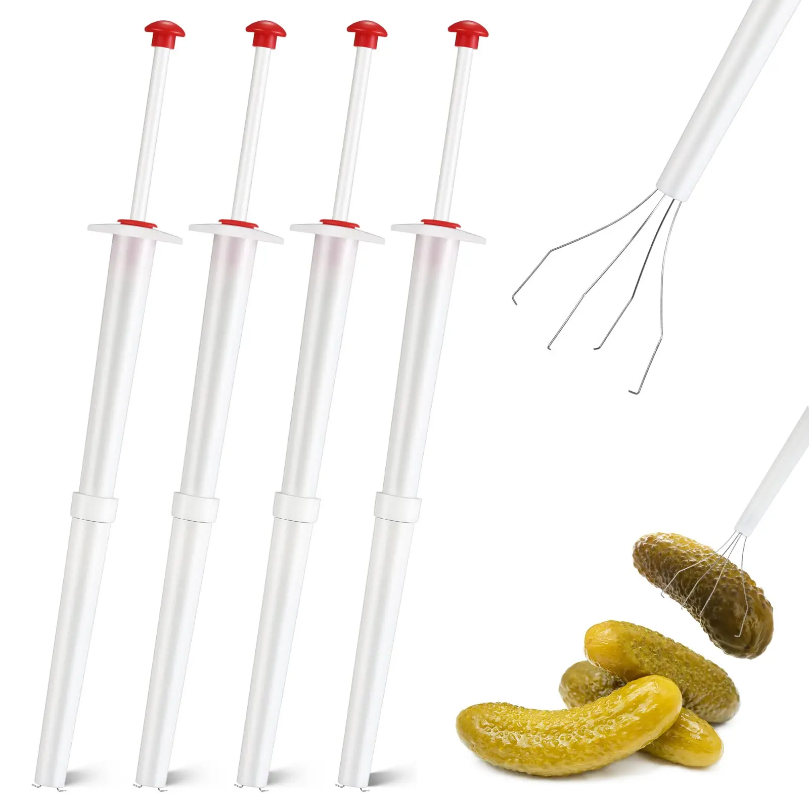 Set Of 4 Pickle Grabber Tool Stainless Steel And Plastic Picker 8 Inch Deluxe Olive Pincher Jar For Kitchen Food Pepper  White